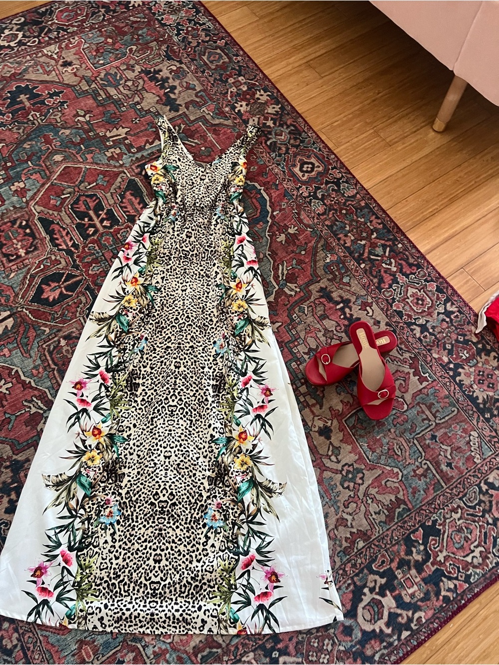 Liu Jo White Maxi Dress with Leopard Center and Floral Border Made in Italy